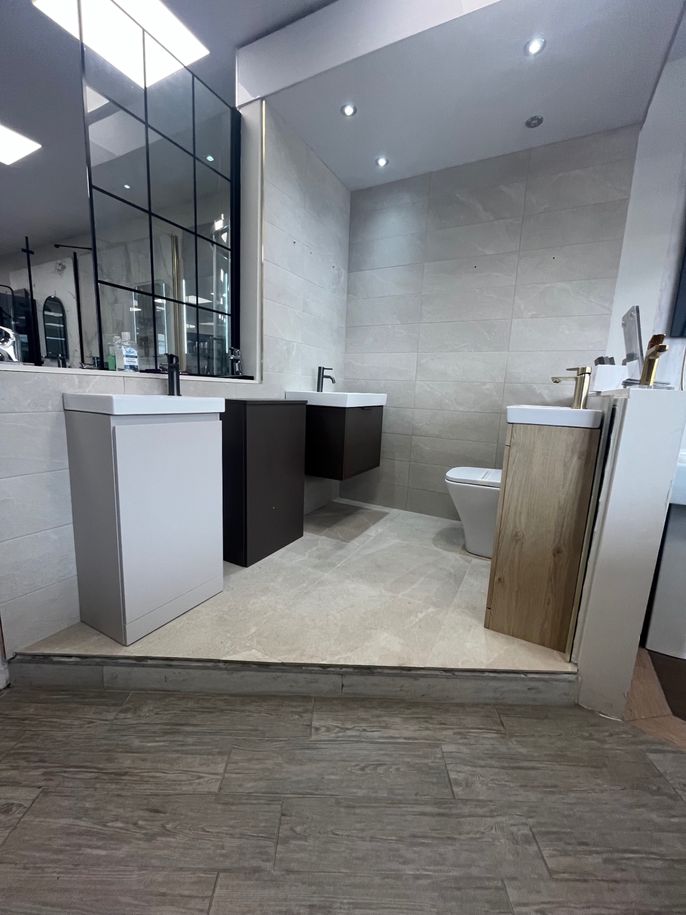 White, graphite and oak floor-standing vanities